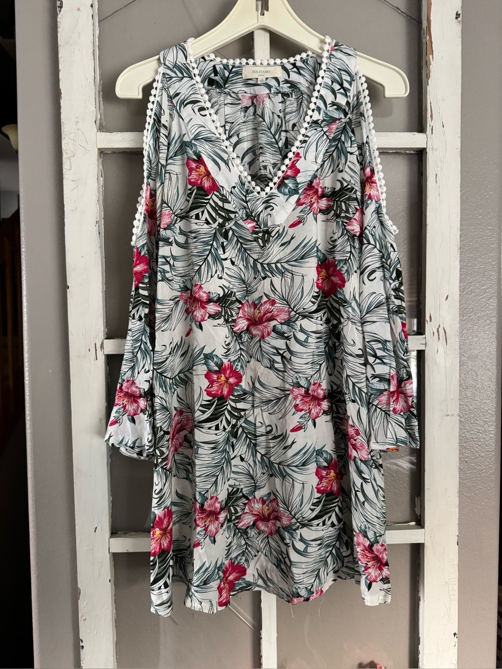 Solitaire V-neck White Swim Tunic with Pink and Teal Tropical Print-New!